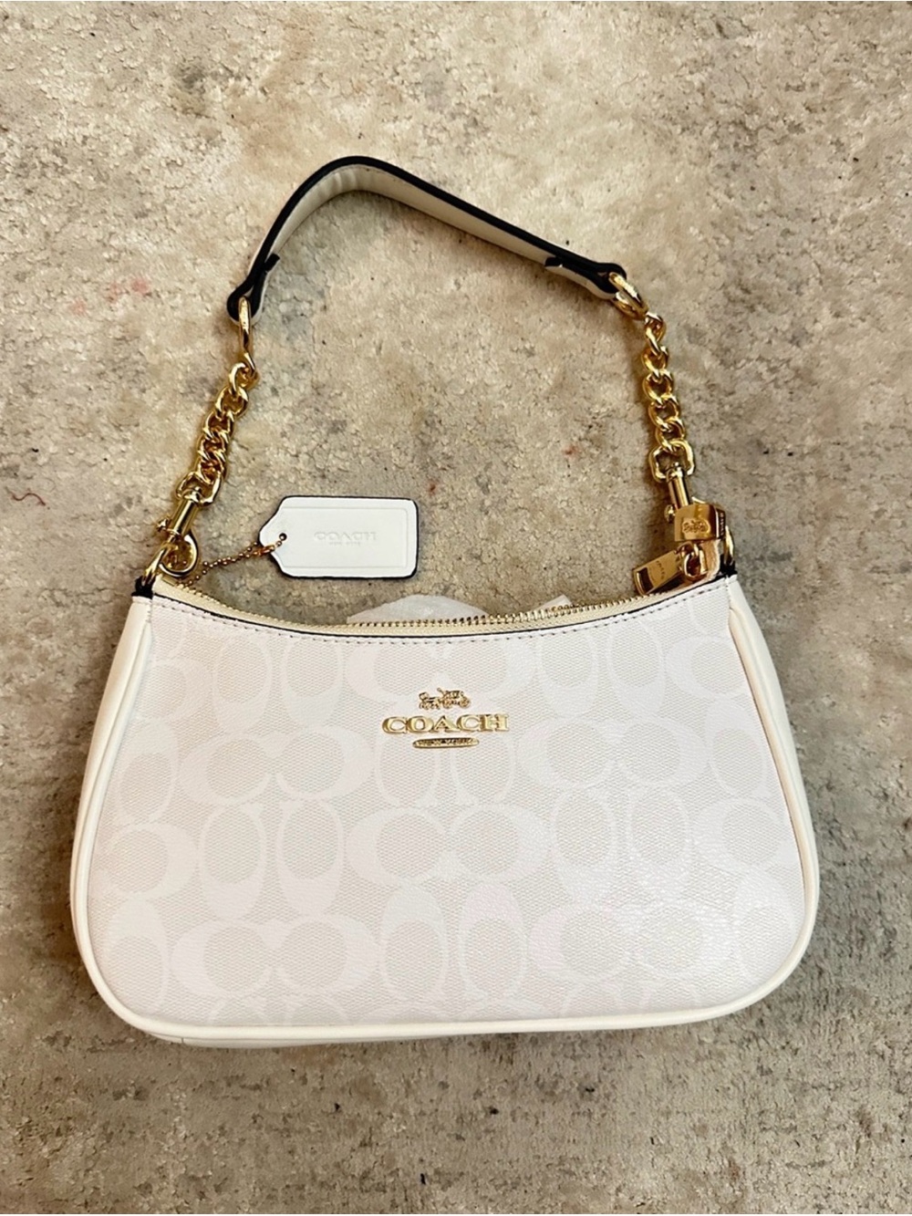 COACH White Signature Terri Shoulder Bag with Gold Chain Strap